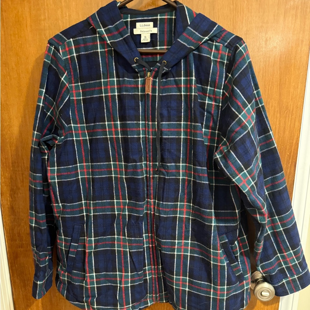 L.L. Bean Blue and Red Scotch Plaid Hoodie Cozy Comfort